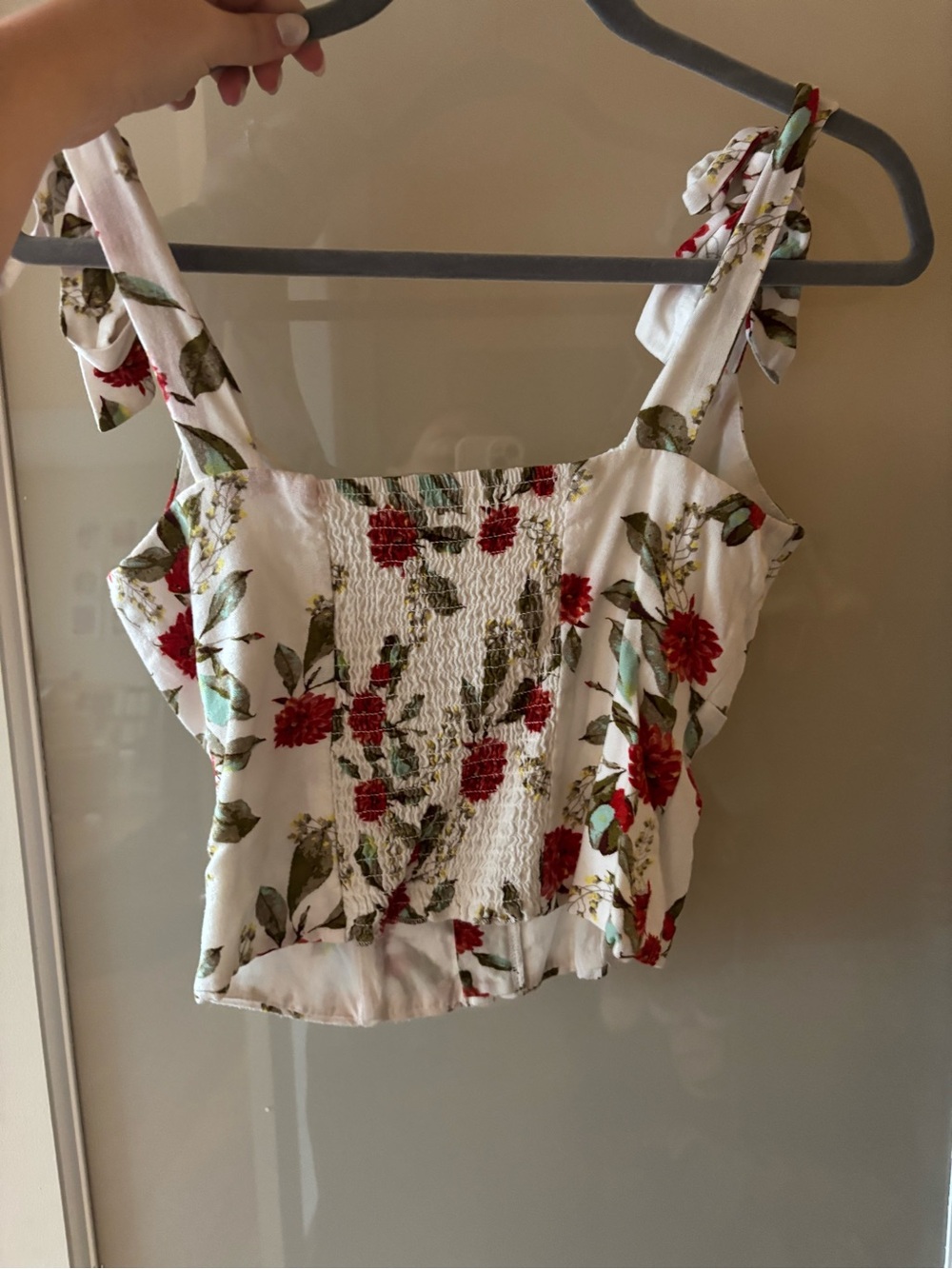 Tie-Shoulder Floral Bustier Top - White with Red Floral - Picture 2 of 3